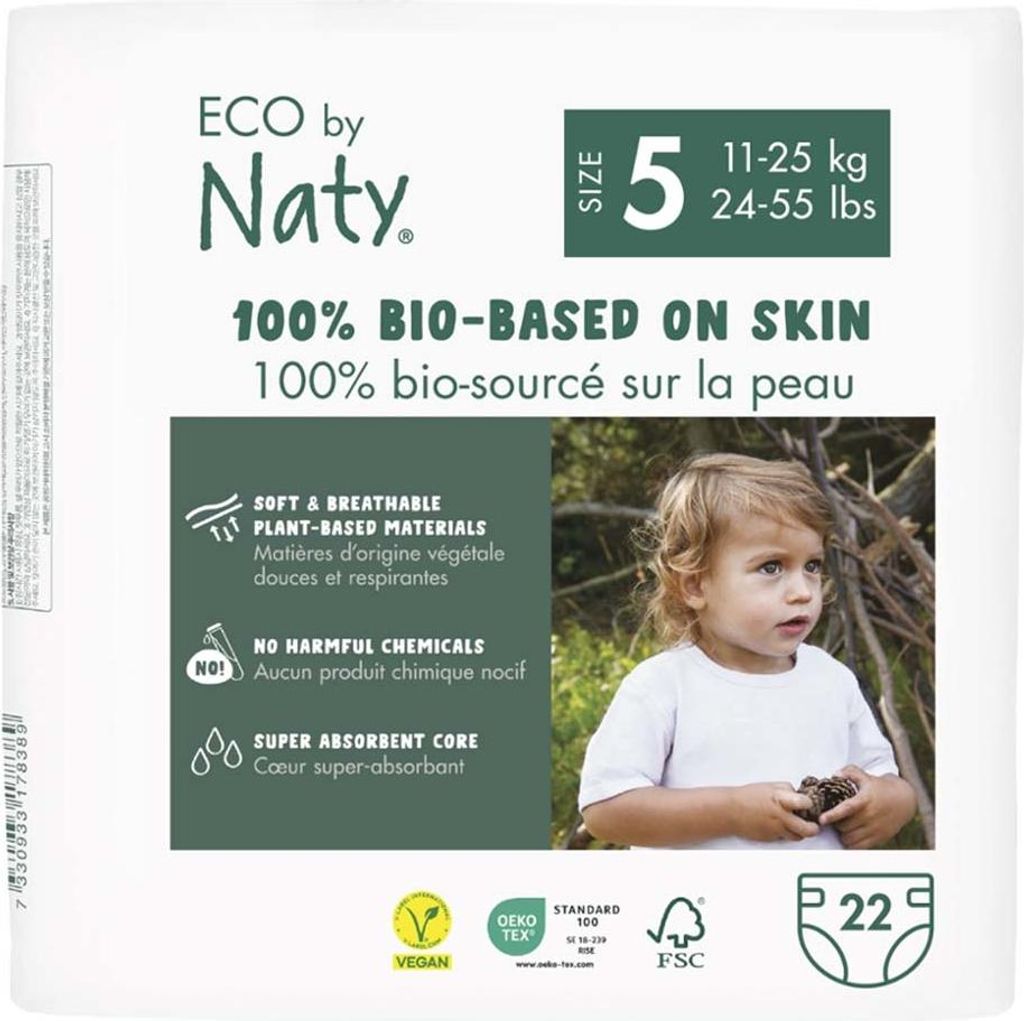 The packaging of ECO by Naty diapers, featuring a child.