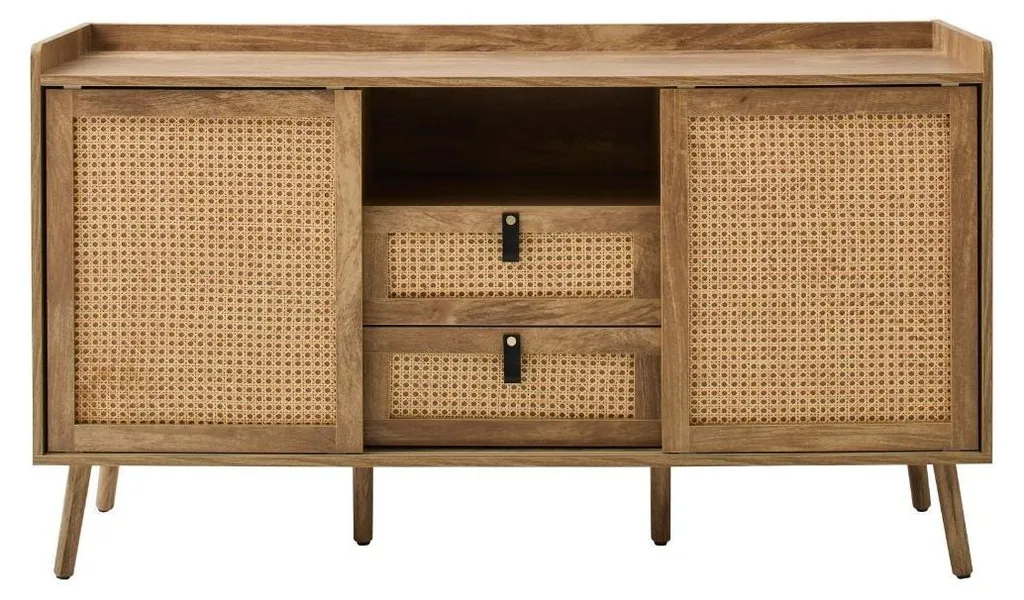 CALICOSY Buffet PALMO L140 cm avec 2 Portes, 2 Tiroirs et Façades Rotin