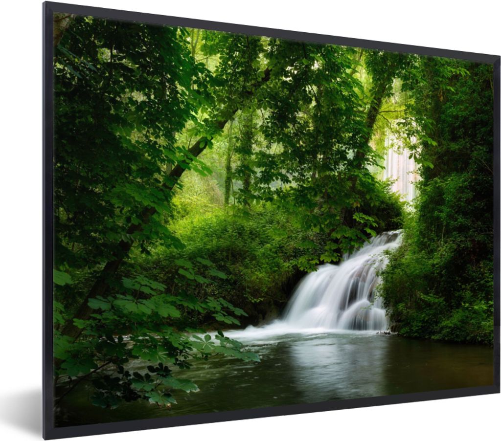 MuchoWow Gerahmtes Poster Wasserfall - Natur - Grün 80x60 cm - Poster mit Schwarzem Bilderrahmen Wandposter Rahmen Foto Bilder - Schwarzem - Mit...
