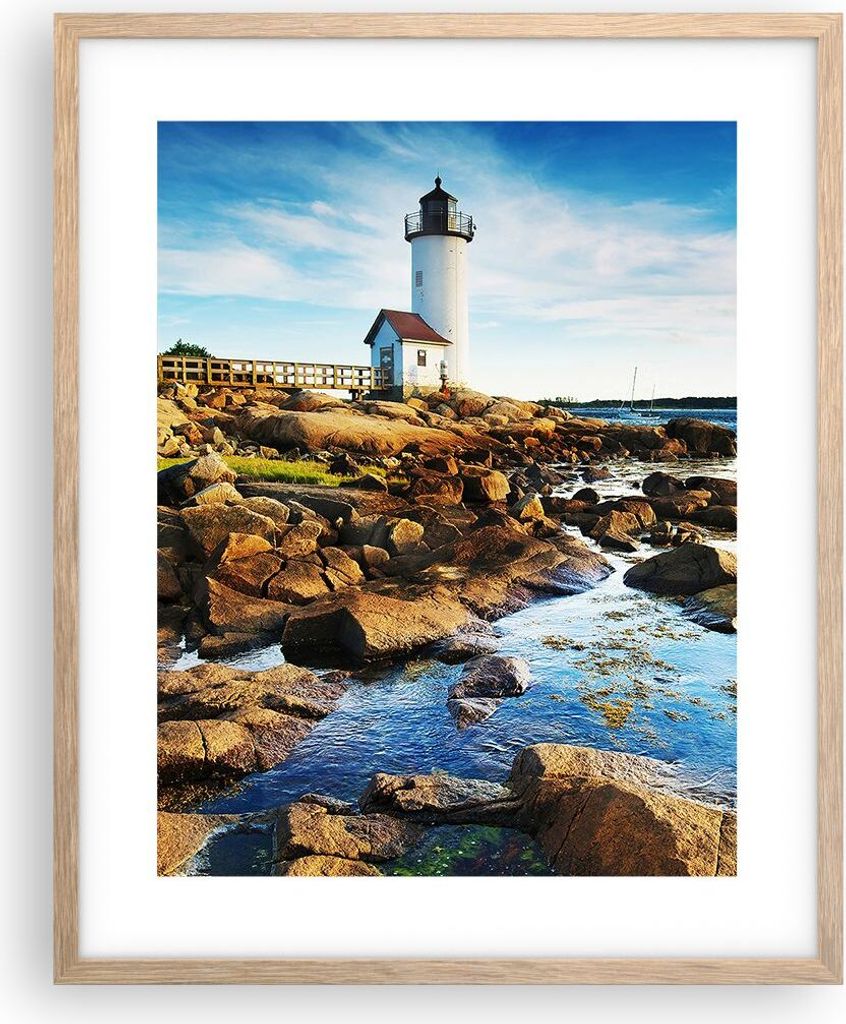 Gerahmtes Poster - Rahmen in heller Eiche - Leuchtturm Ufer Wolke Landschaft - 40x50 cm - Wand Bild - Wanddeko - Wandbilder - Wandposter - Bilderra...