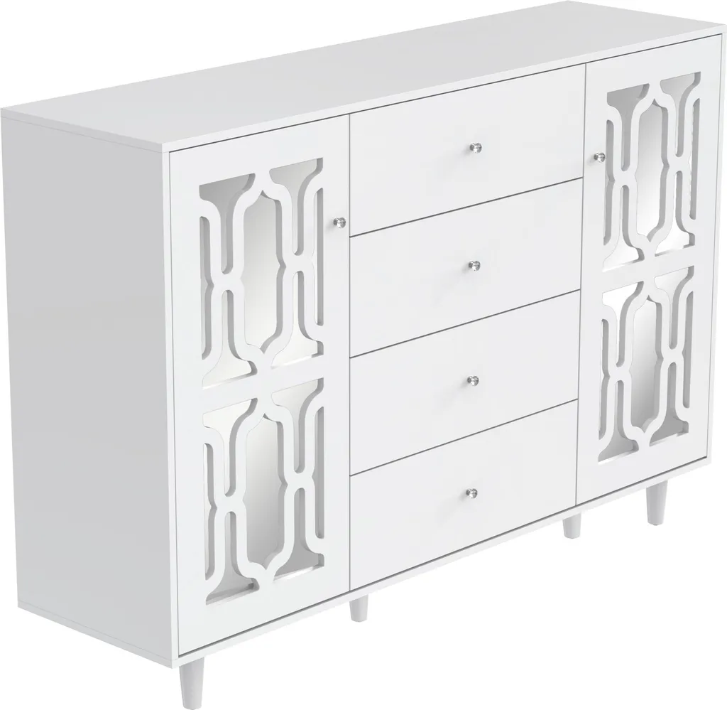 Commode Buffet Blanc pour Salon avec Miroir et Grands Tiroirs XL