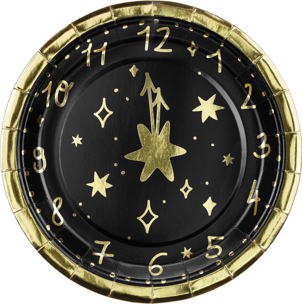 6 Pappteller Uhr Silvester klein rund schwarz gold -