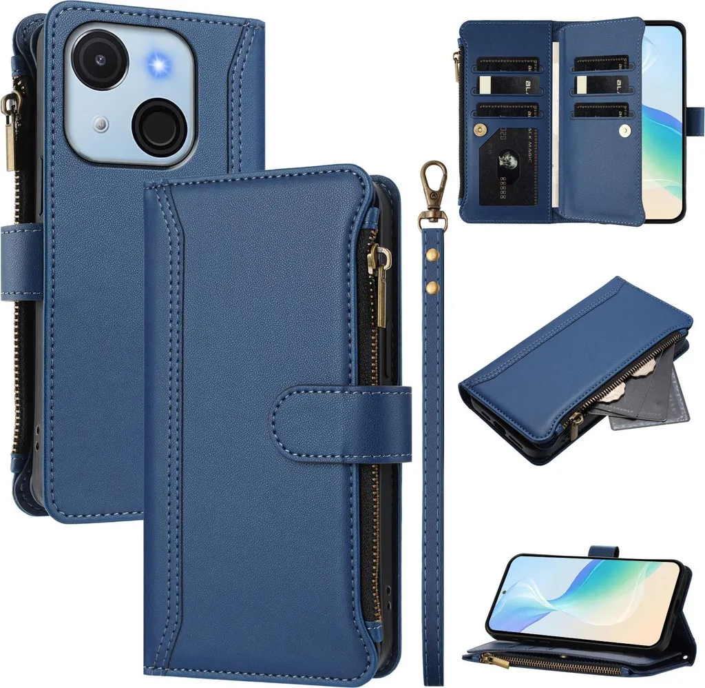 Cover Itel A50C a Prova di Bimbo - Portafoglio Blu con Zip e Laccetto