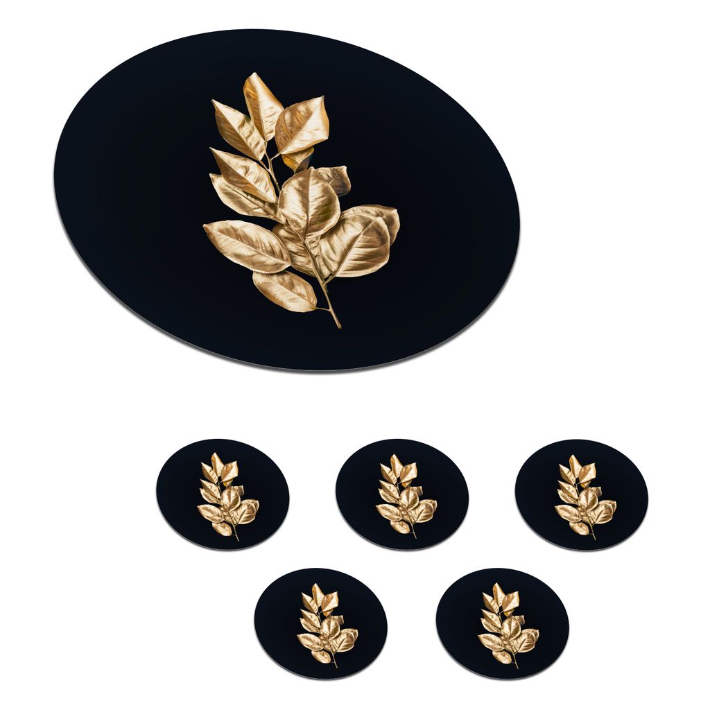 KitchenYeah Glasuntersetzer Rund 6er Set Pflanze - Blätter - Gold - Schwarz - Luxus 10x10 cm Untersetzer für Gläser - Getränkeuntersetzer - T...