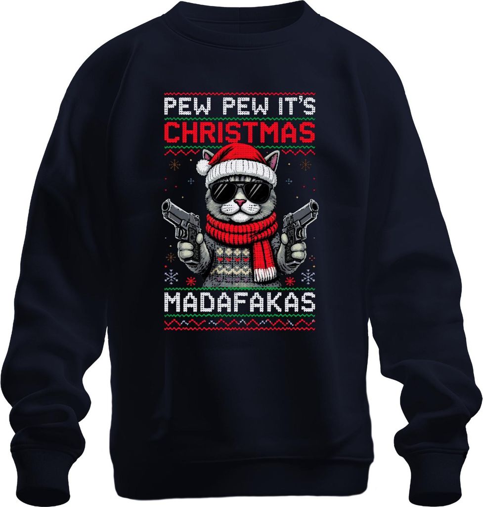 PEW PEW ITS CHRISTMAS MADAFaKAS Katze Sonnenbrille Pistolen Uni Sweatshirt Pullover, Navy, XXL