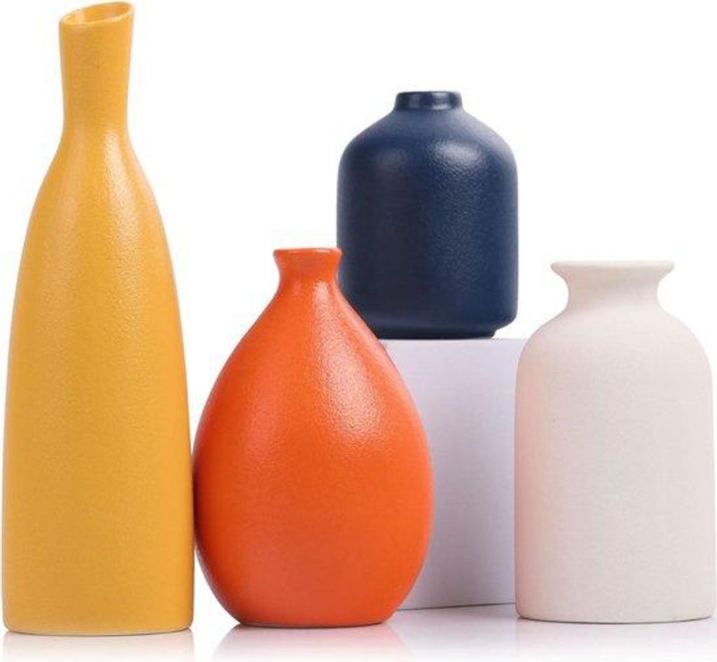 Keramische Vase-Set 4er geeloranje blauw klein für Wohnzimmer, Küche, Büro, Bad, Mantel, Eingang, Landhaus und Salon