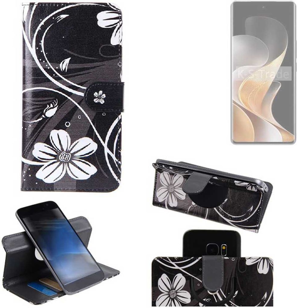 K-S-Trade Schutzhülle Handyhülle kompatibel mit Vivo V40 5G Hülle 360° Wallet Case “Flowers“ Klapphülle Hülle schwarz-weiß 1x