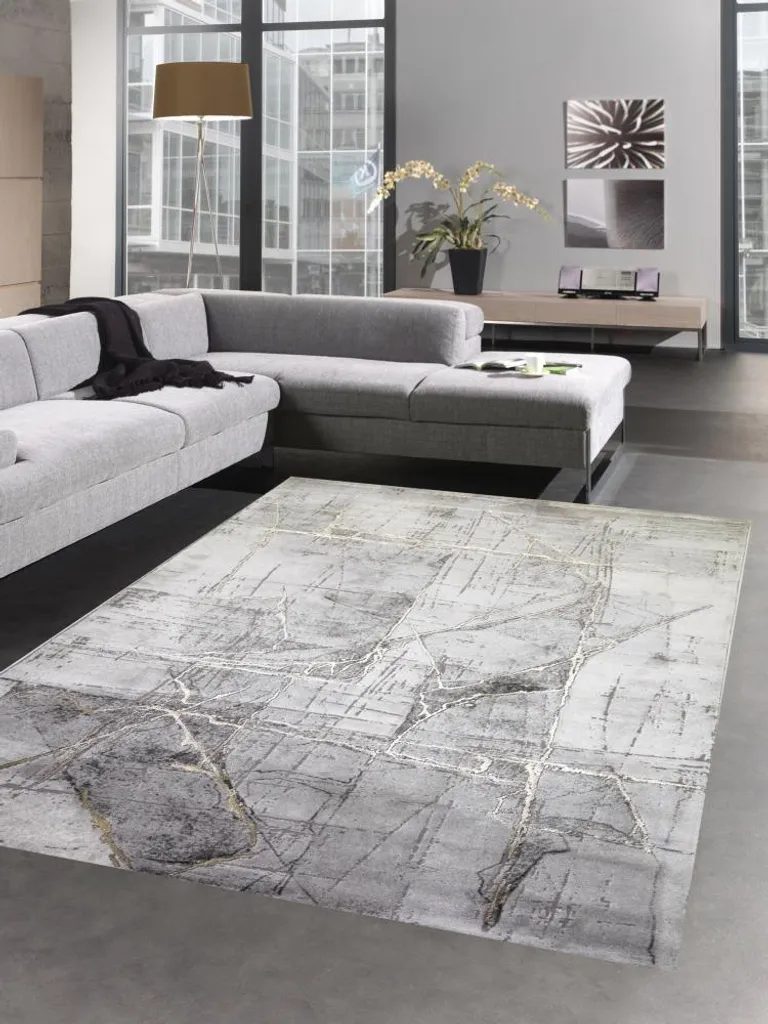 Tapis de salon moderne abstrait gris et or en 60x110 cm SoftTouch