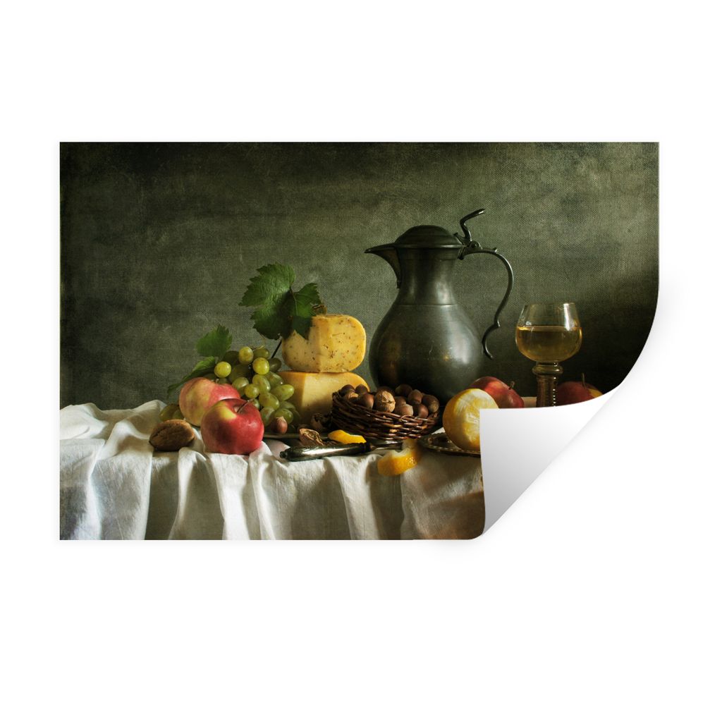 MuchoWow Wandtattoo Wandsticker Wandaufkleber Rustikal - Käse - Teekanne - Obst - Stilleben 90x60 cm Selbstklebend und Repositionierbar - Aufkleber