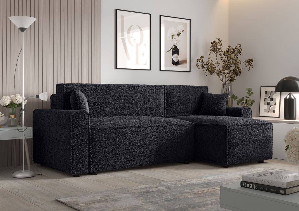 Ecksofa Alvito BIS, Farbe: Schwarz. Material: Bouclé. A: B: 252 cm,H: 85 cm,Länge: 140 cm, Eckcouch, Schlafcouch, Sofa bed, Schlafsofa