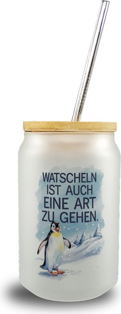 Niedlicher Pinguin Watschelt Trinkglas mit Bambusdeckel Watscheln ist auch Gehen