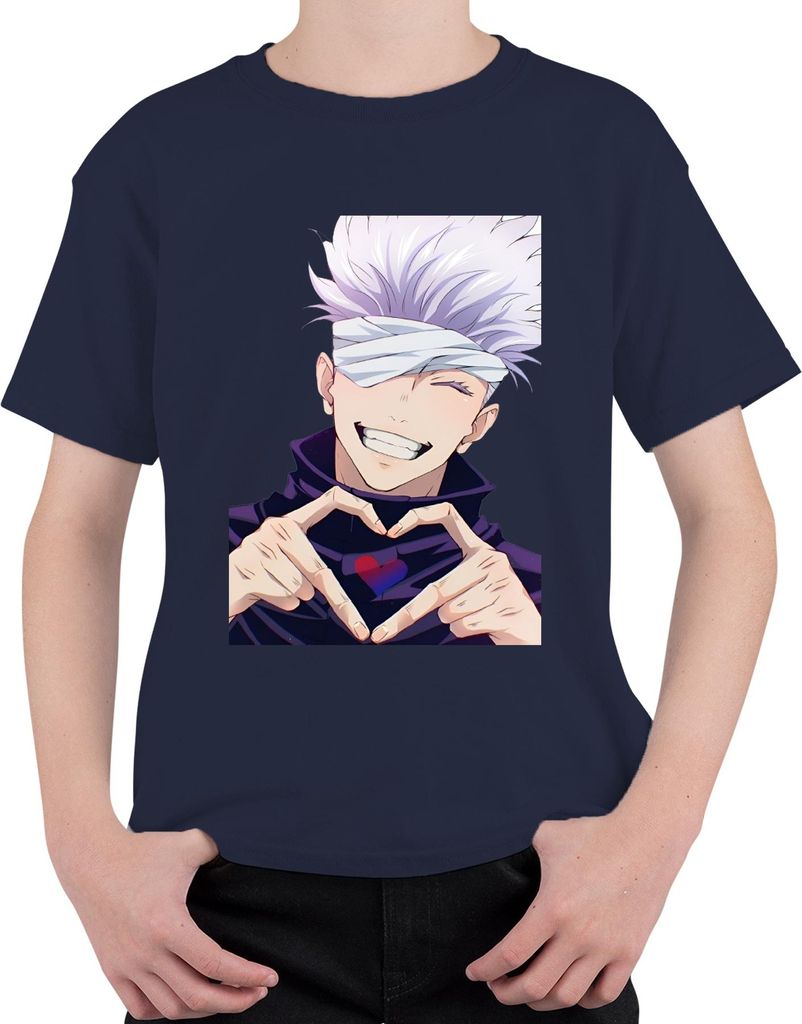 Jujutsu Kaisen Gojo Satoru Augenbinde Anime Ästhetik Herz Geschenk Uni Kinder T-Shirt, Navy, 140