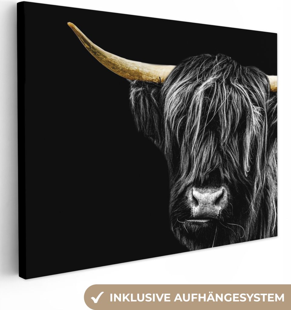 MuchoWow - Leinwandbilder - Schottischer Highlander - Gold - Mantel - Tiere - Kuh, Wandbild, Wanddeko Bilder Wohnzimmer, 120x90 cm