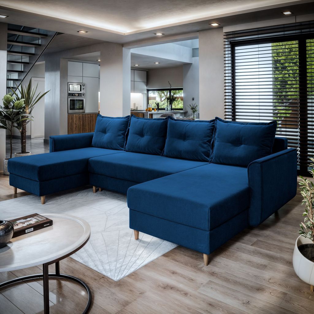 Masseno Ecksofa VERNI mit Schlaffunktion U-Form, Sofa mit Bettkasten, Wohnzimmersofa, Couch, Soffa, Bettsofa, Couchgarnitur- Blau, KRONOS 09