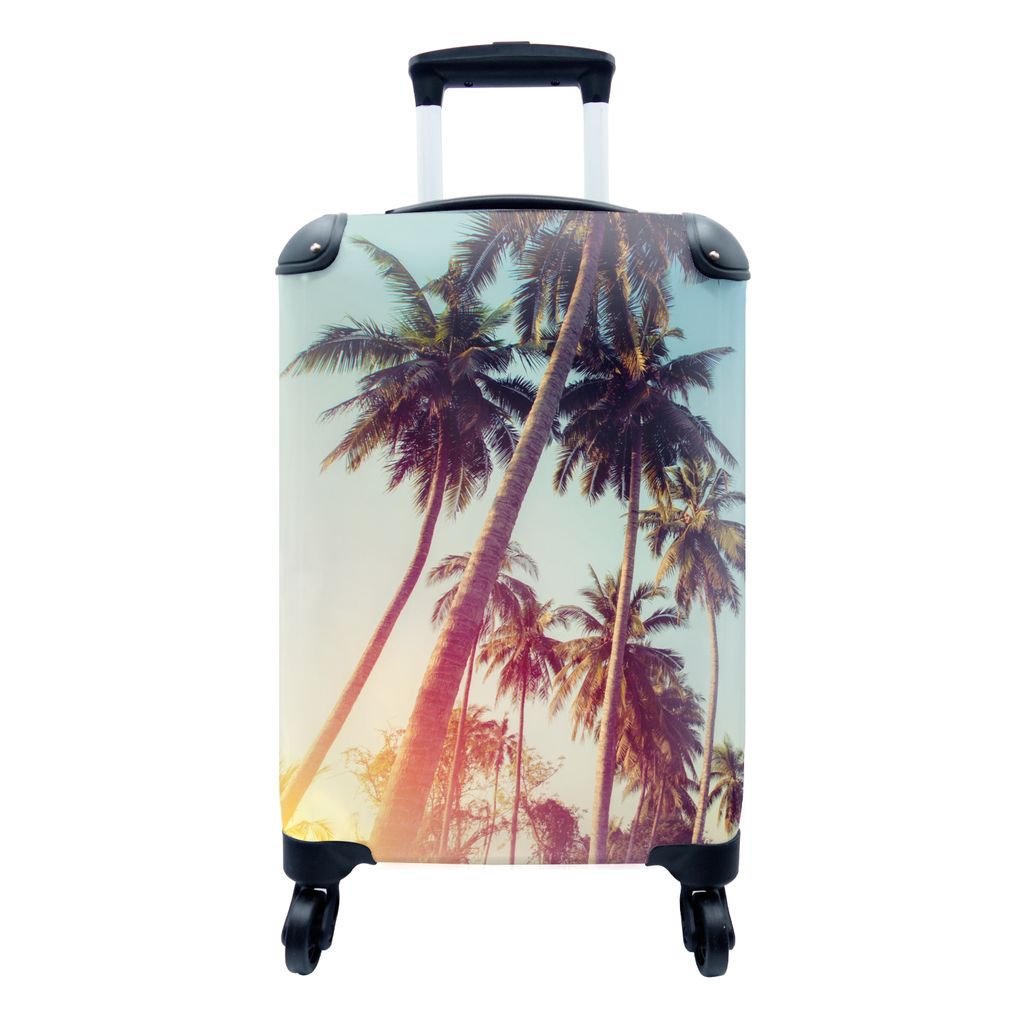 MuchoWow Koffer Handgepäck Trolley Rollkoffer Kleine Reisekoffer mit 4 Rollen - Palme - Sommer - Retro - Sonne - Cabin Size < 55x40x23 cm & 55x4...