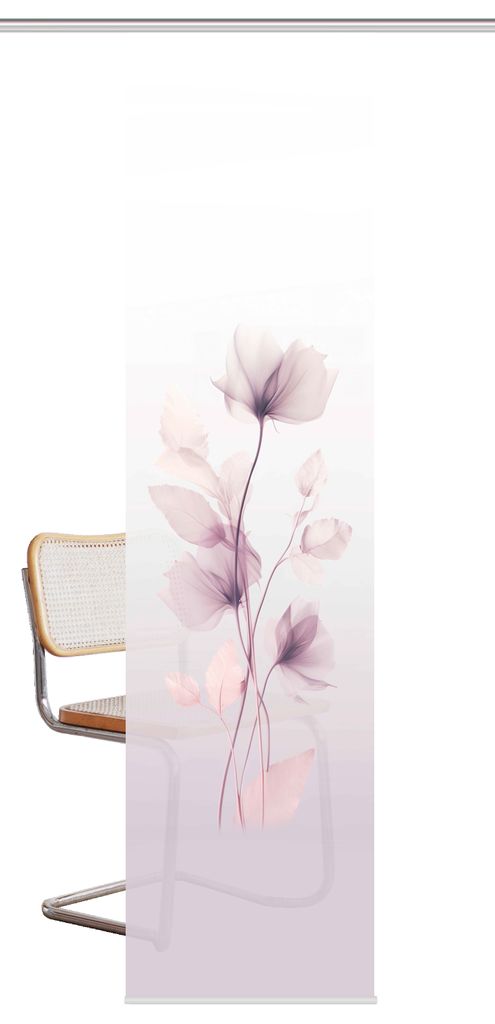 A sheer curtain with a floral print is shown next to a chair.