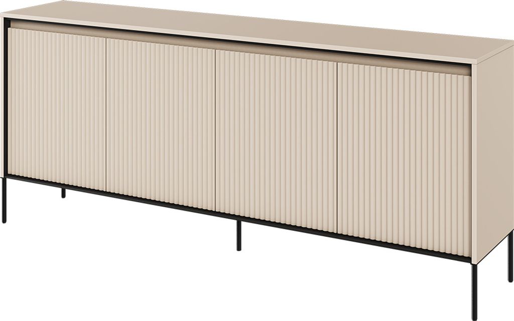 A neutral studio shot of a sandbeige sideboard with fluted doors and black metal legs.