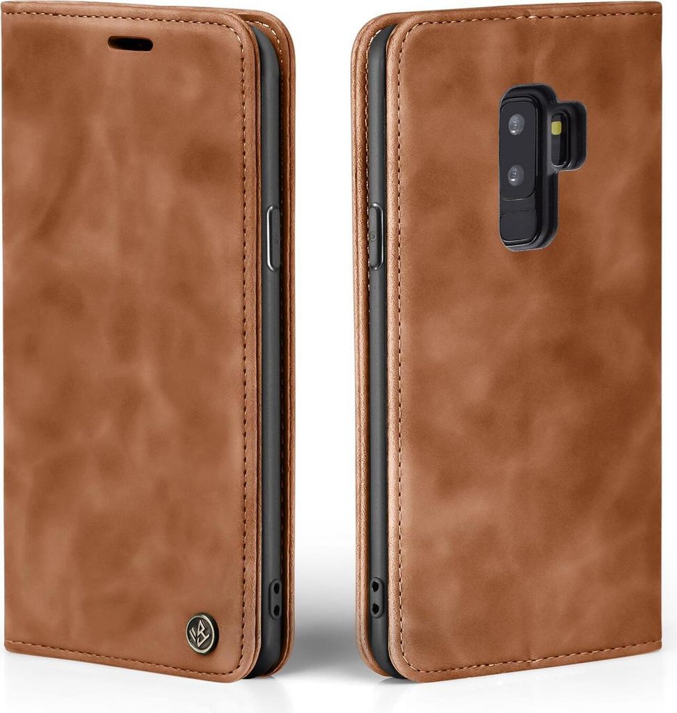 A brown leather flip case for a Samsung Galaxy S9+ is shown from two angles.