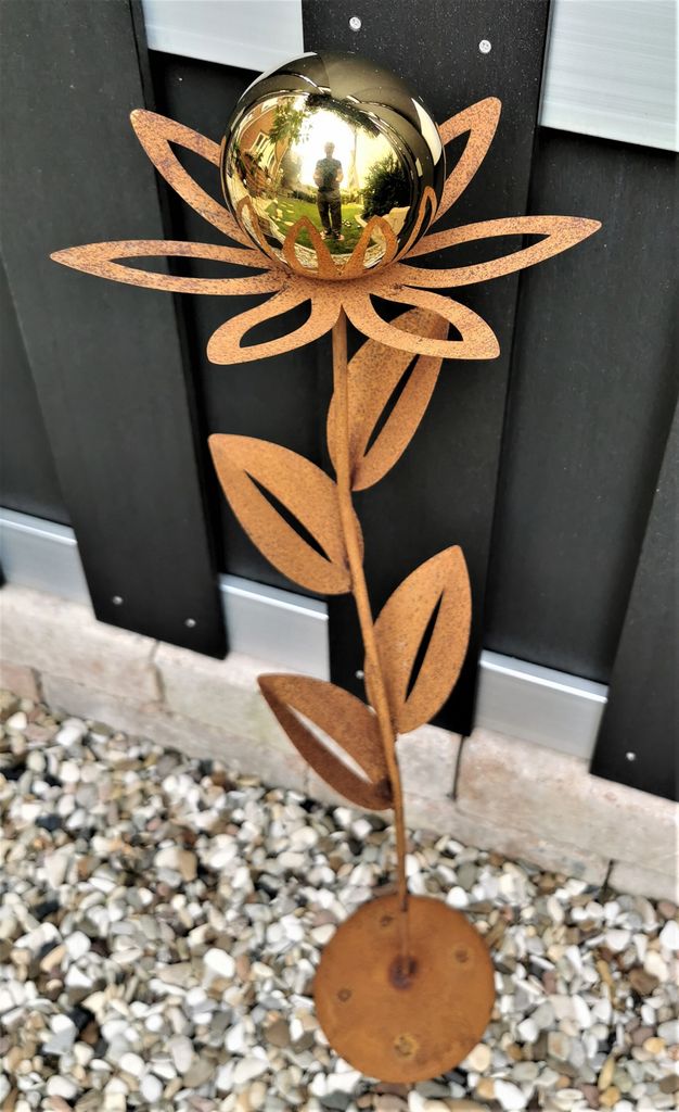 Skulptur Blume Paris Corten 77 cm Kugel Edelstahl gold poliert Cortenstahl Dekoration Garten