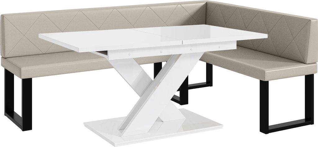 MEBLINI Eckbank für Esszimmer mit ausziehbarem Tisch - Küchenbank - Essecke - Sitzecke Küche - ERIC - U-Beine 142x196x87cm Rechts - Beige Kunstl...