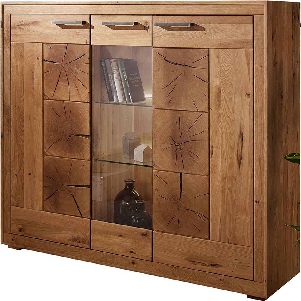Highboard 150cm breit mit Beleuchtung, Wildeiche massiv geölt, montiert, WINNIPEG-69