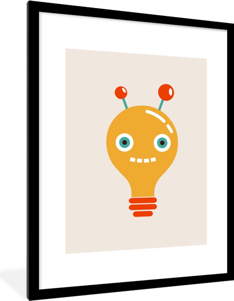 MuchoWow Gerahmtes Poster Roboter - Glühbirne - Gesicht - Antenne - Kinder 60x80 cm - Poster mit Schwarzem Bilderrahmen Wandposter Rahmen Foto B...