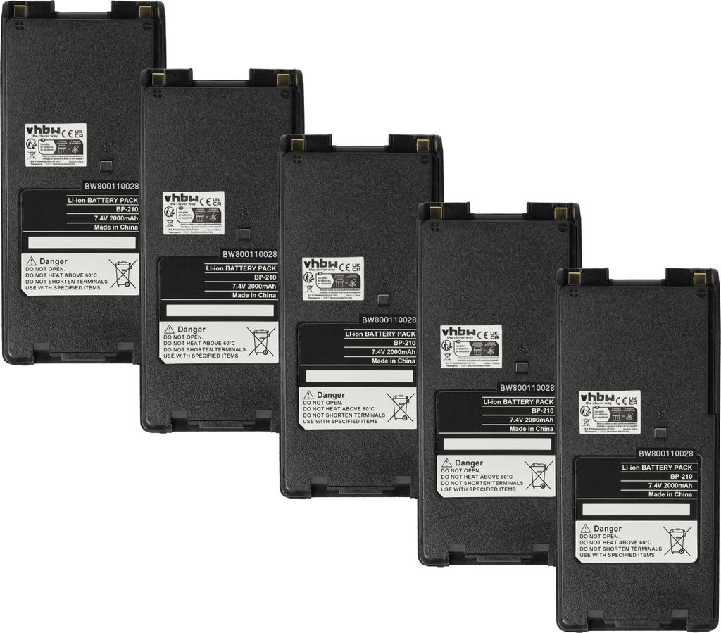 vhbw 5x Akku Ersatz für Icom BP-211N, BP-211, BP-210N, BP-210, BP-209N, BP-209 für Funkgerät, Walkie Talkie (2000 mAh, 7,4 V, Li-Ion) + Gürtelclip