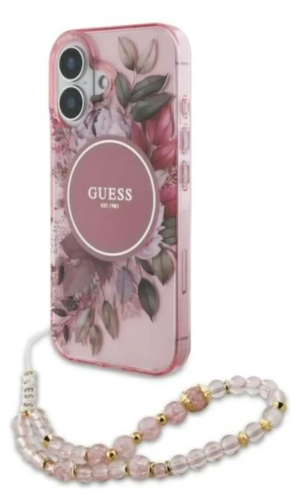 Coque MagSafe iPhone 16 Guess IML Flowers Rose et Bracelet Perles Chic