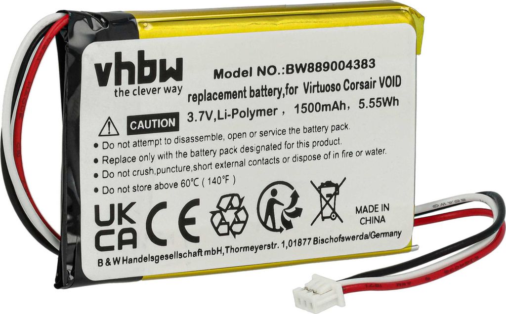 vhbw Akku Ersatz für Corsair 603450, AEC524050 für Wireless Headset Kopfhörer (1500 mAh, 3,7 V, Li-Polymer)