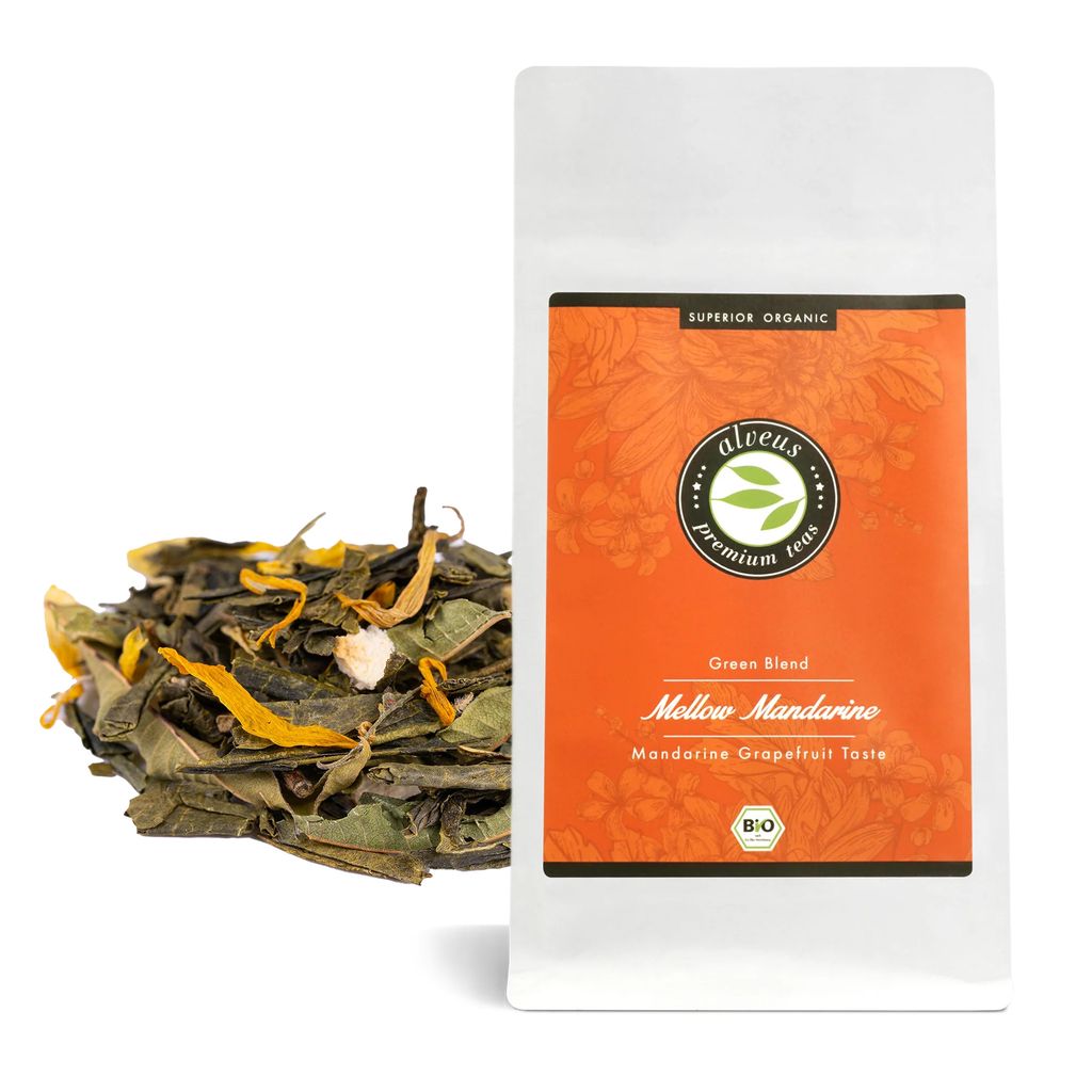 "Mellow Mandarine" Grüner Tee Lose mit Mandarine Grapefruit Geschmack, 100 Gramm Aromatisierte Tee Mischung (ca. 40 Tasse) von alveus
