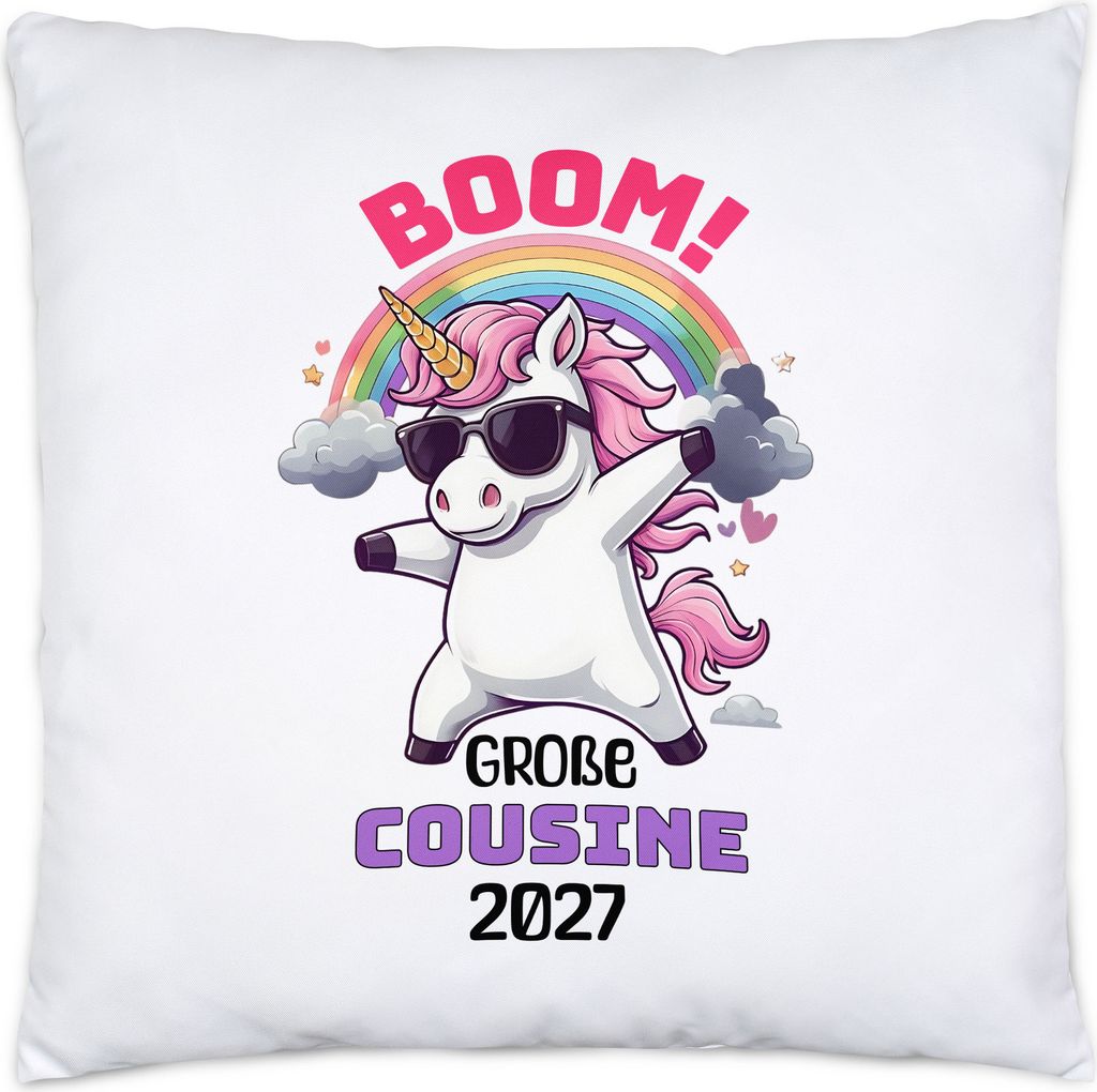 Boom Große Cousine 2027 Kissen Geschenk Einhorn Familienfreude Babyparty Überraschung Cousine
