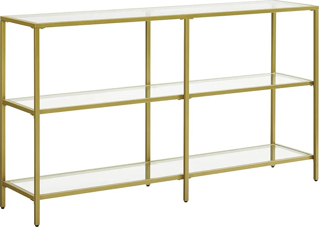 Console triple plateau en verre trempé et cadre doré luxe 110x35x75cm