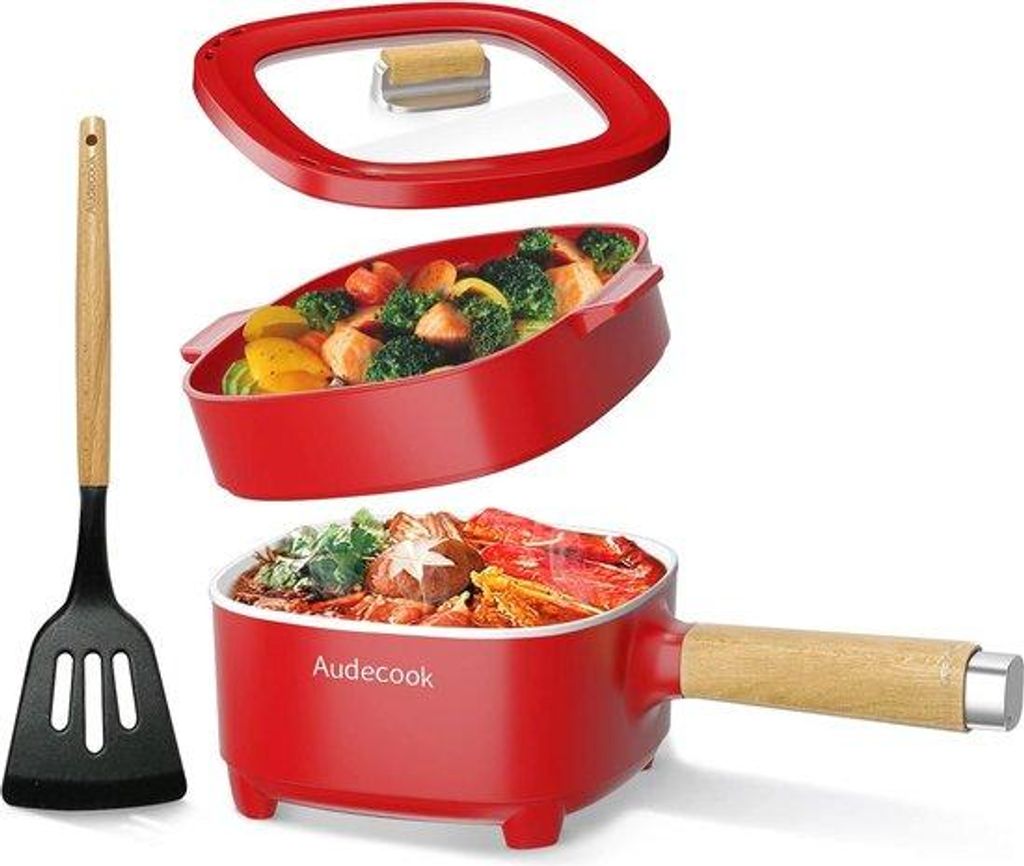 Elektrische Hot Pot - Multicooker für Ramen, Steak, Ei, gebackenen Reis, Haferflocken und Suppe - 2L Non-Stick-Kochtopf mit Dampfboot