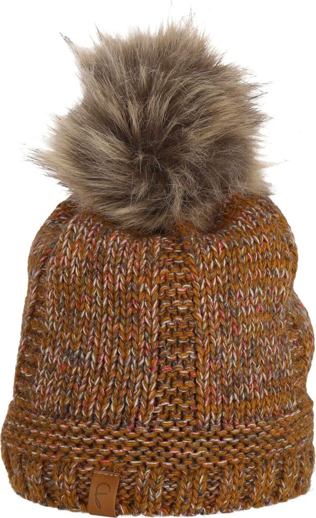 Faera Wintermütze warm gefüttert mit Kunstfell Bommel-Mütze Winter Damen Herren Braun