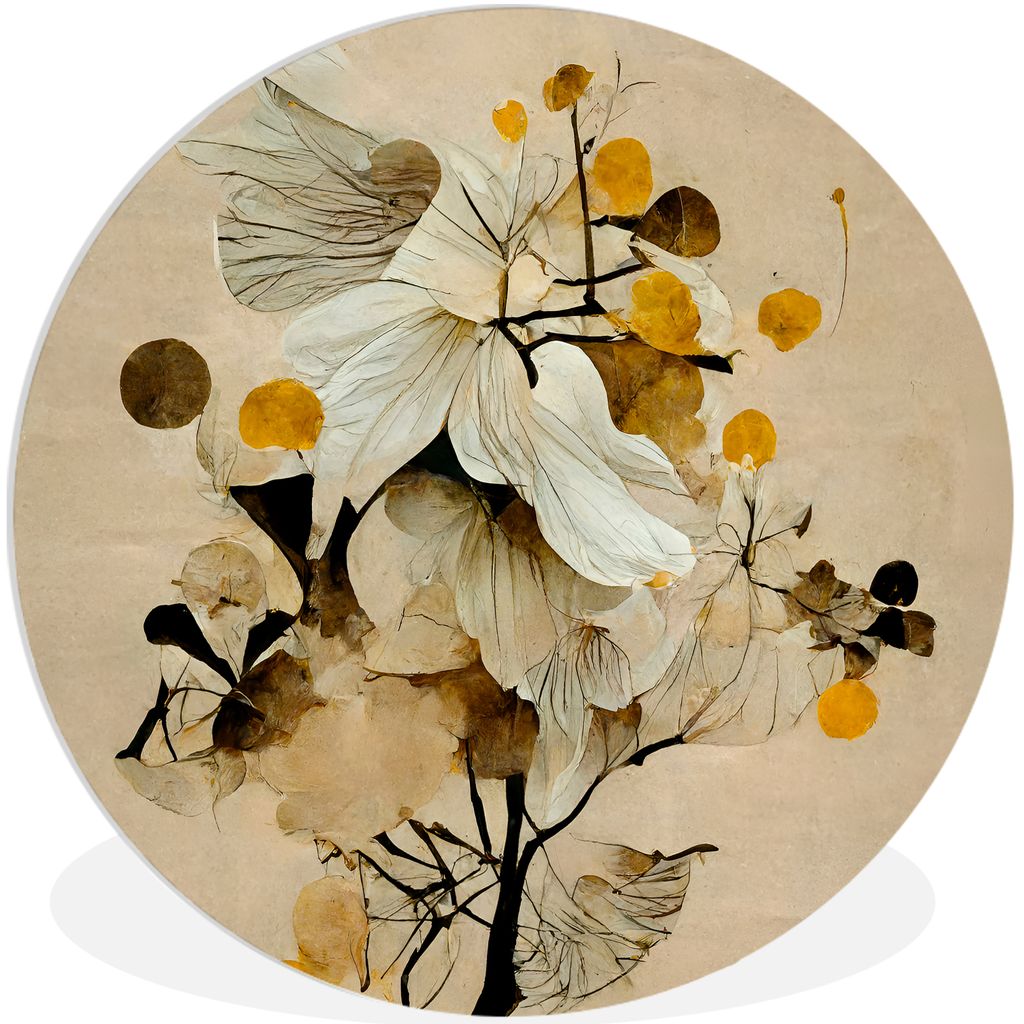 MuchoWow Rundes Wandbild - Runde Bilder Blumen - Pflanzen - Gold - Vintage Ø 90 cm Kreis Wanddekoration Kunststoff - Wandkreis - Wandschmuck - W...