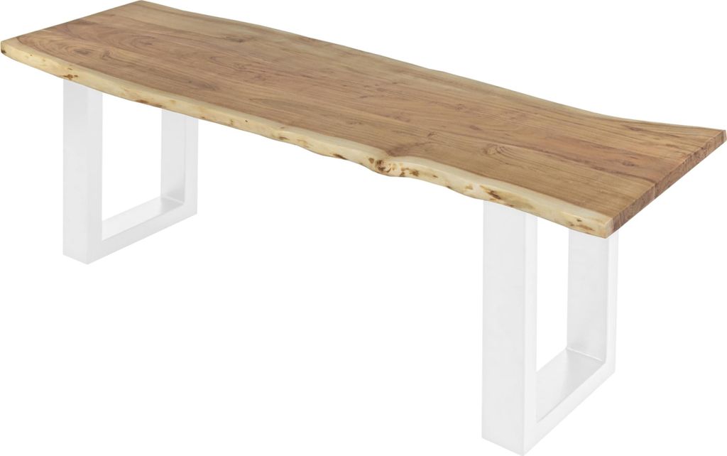 Esszimmerbank 140x42 cm Chicago, Akazienholz naturfarben, Massive Holzbank mit echter Baumkante, Baumkantenbank mit U-Gestell Weiß, Sitzbank mit 2...
