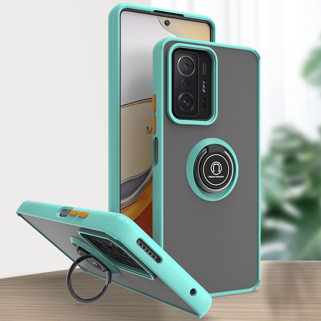 Xiaomi 11T Hülle, Ring Halter Ständer Matte Transluzent TPU Rahmen Stoßfest Schutzhülle für Xiaomi 11T / 11T Pro Hellblau