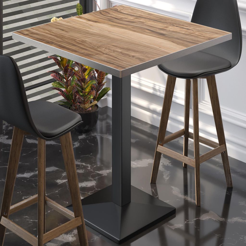 BPA | Bistro Stehtisch | 80 x 80 x 112 cm | Edelstahl Rand | Quadratisch | Sheesham / Schwarz | Gastro Steh Tisch Restaurant