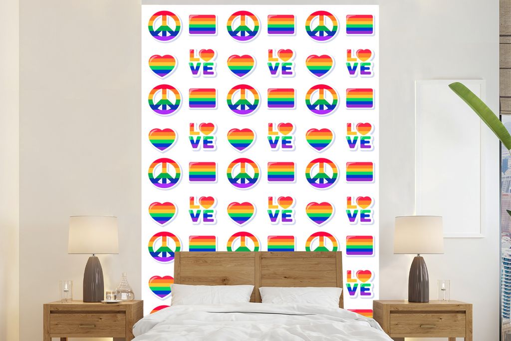 MuchoWow Fototapete für Wohnzimmer oder Schlafzimmer Wandtapete Vinyl Motivtapete Liebe - Regenbogen - Muster - 225x350 cm - Schlafzimmer tapete