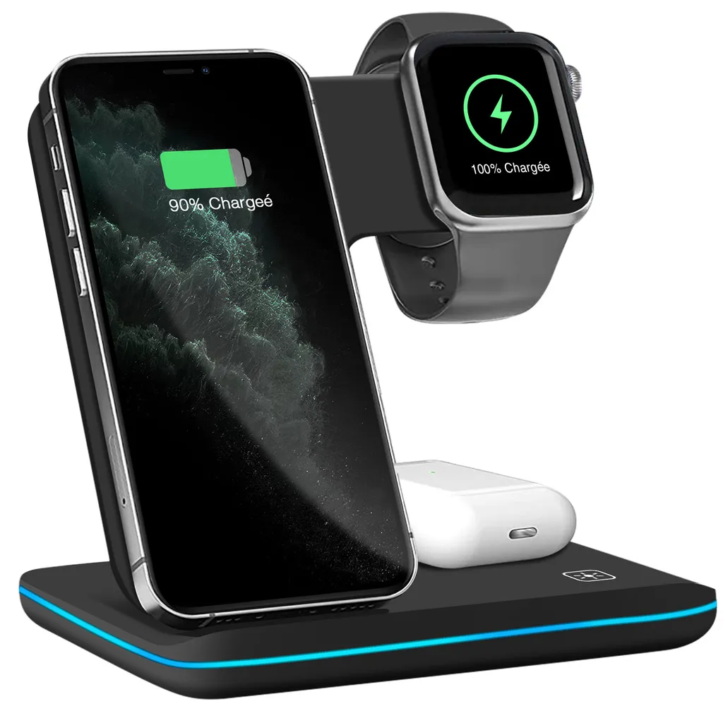 Chargeur induction vertical rapide pour iPhone, AirPods et Apple Watch Noir