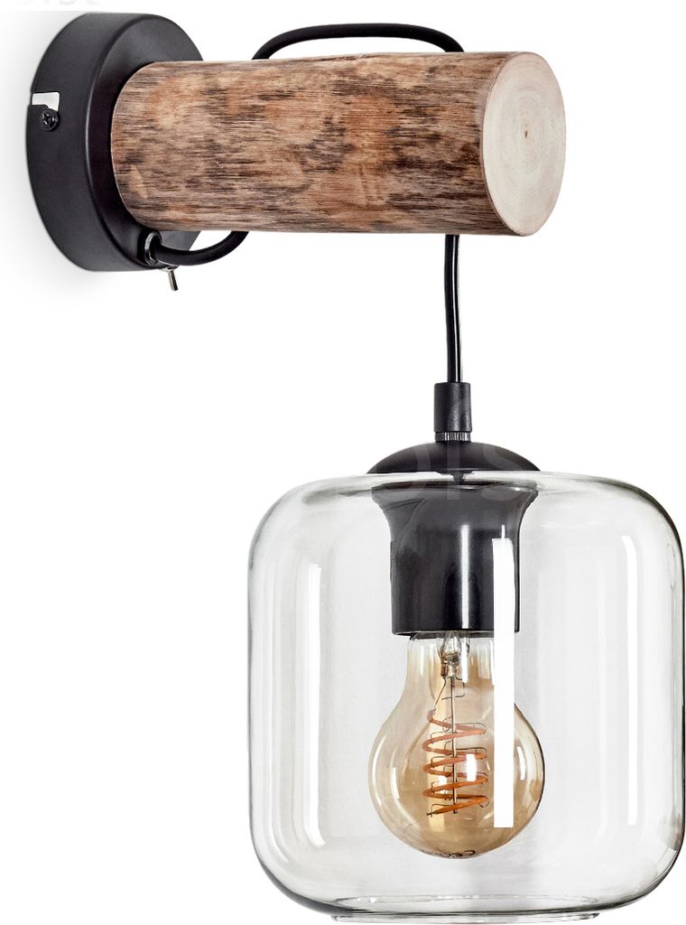 Pernate Wandlampe aus Metall/Holz/Glas in Schwarz/Natur/Bernstein/Klar