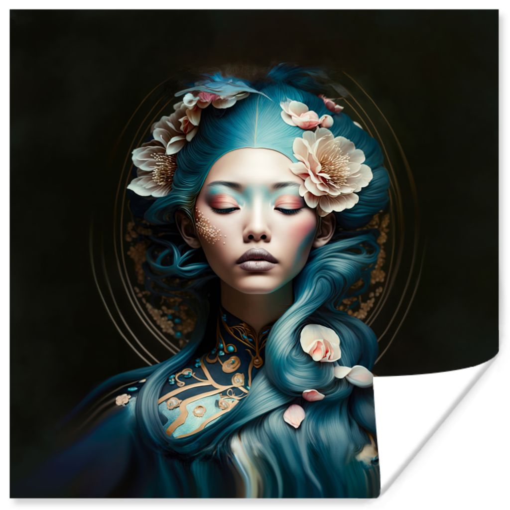 MuchoWow Poster Frauen - Blumen - Porträt - Asiatisch 50x50 cm - Wohnzimmerdekoration