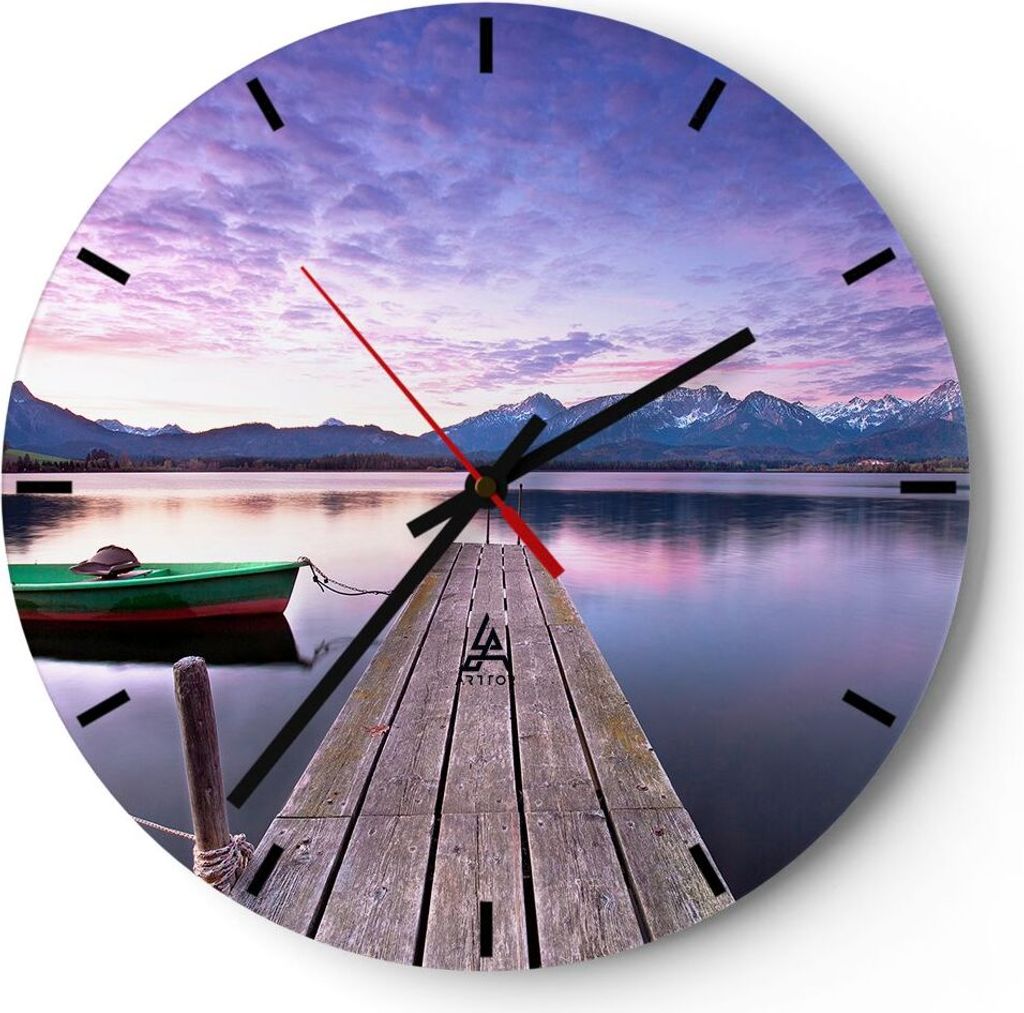 Wanduhr - Rund - Glasuhr - See Berge Wasser - 30x30cm - Schleichendes Uhrwerk - Lautlos - zum Aufhängen bereit - Dekoration Modern - Wanddekoratio...