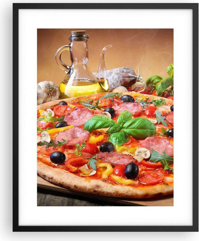 Gerahmtes Poster - Schwarzer Rahmen - Pizza Käse Tomaten - 40x50 cm - Wand Bild - Wanddeko - Wandbilder - Kunstposter - Wandposter - Bilderrahmen ...