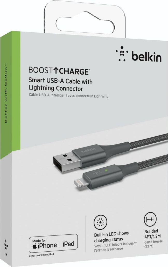 Belkin Smart LED Kabel grau 1,2m USB-A / Lightning CAA007bt04GR