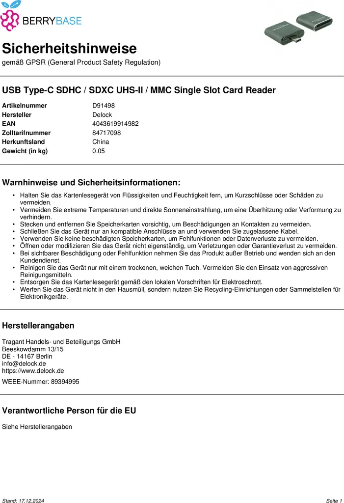 DeLOCK 91498 Lecteur de Carte SDHC SDXC USB Type-C Haute Performance - 3
