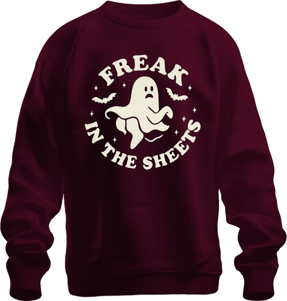 FREAK IN THE SHEETS Halloween Geist Lustig Spruch Retro Vintage Uni Sweatshirt Pullover, Burgundy, S
