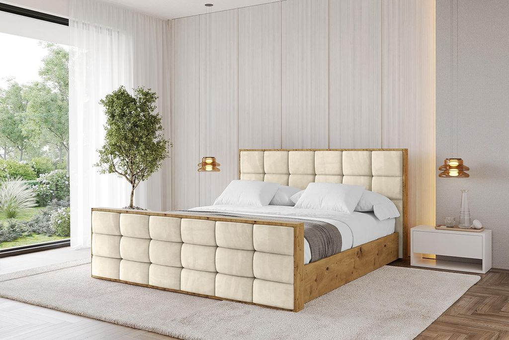 ALTDECOR Polsterbett mit Bettkasten - ENZO2-Z - 140x200 Beige- Bett mit Kopfteil und Fußteil, Boxbett ohne Matratze, Doppelbett mit Stauraum