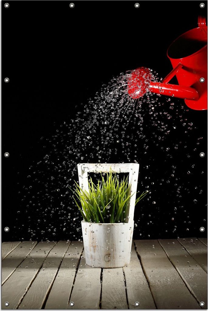 Wallario Outdoor-Poster für Garten oder Balkon, Motiv Grüne Pflanze mit roter Gießkanne, in ca. 120 x 180 cm