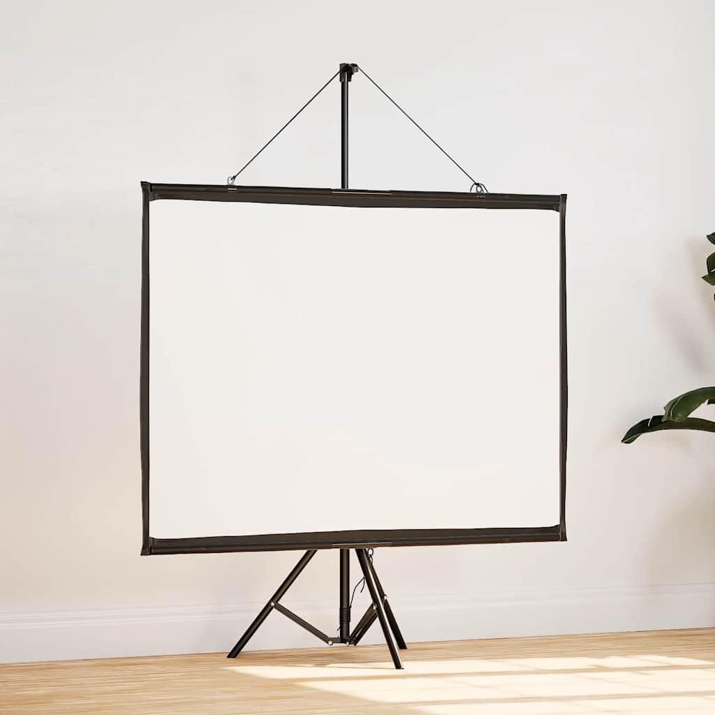 A white projection screen on a black tripod stand, set against a white wall and wooden floor.